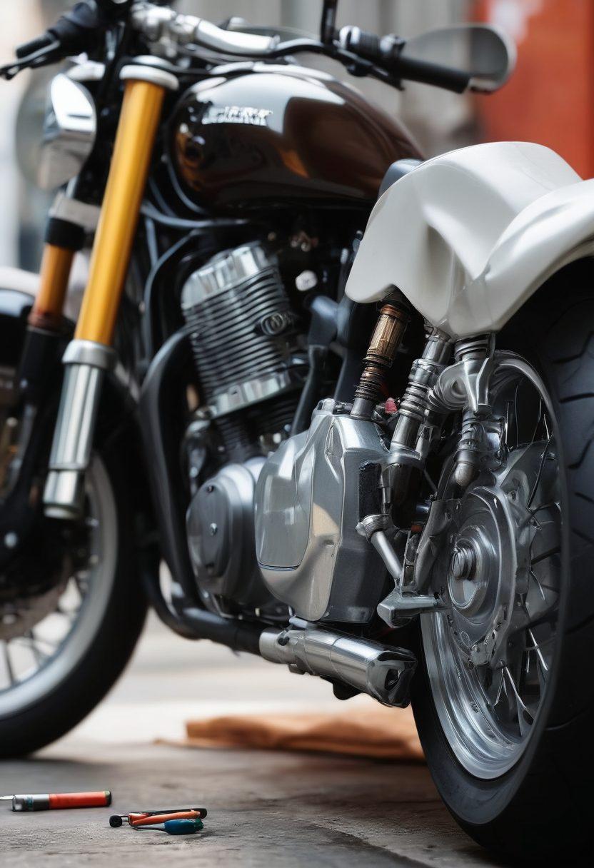 A close-up view of a sleek motorcycle being meticulously serviced, with tools scattered nearby and a knowledgeable mechanic in action. Incorporate vibrant city streets in the background, emphasizing safety gear like helmets and gloves. Highlight the importance of maintenance with a focus on shiny parts and oil cans. The ambiance should suggest a mix of adventure and professionalism. super-realistic. vibrant colors. white background.