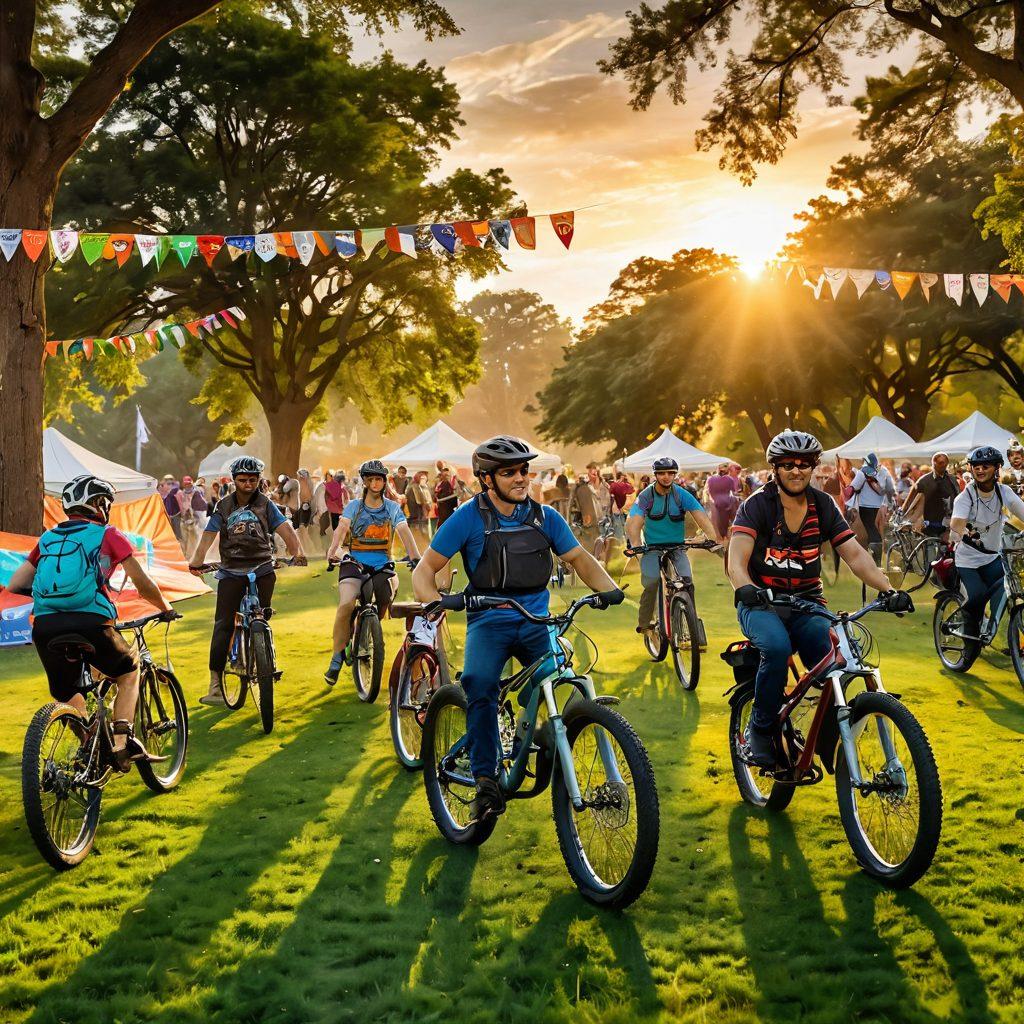 A vibrant scene showcasing a diverse group of bikers in a lush park, sharing stories and enjoying their bikes, with a colorful sunset in the background. Include banners and flags representing various biking cultures, and try to capture the excitement in their expressions. Add bicycle accessories like helmets and backpacks strewn around, conveying a sense of camaraderie. super-realistic. vibrant colors. lively atmosphere.