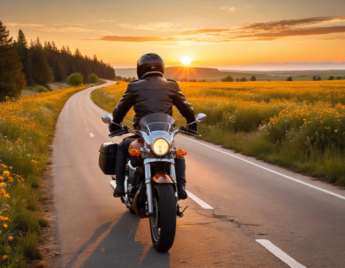 A scenic open road stretching into the horizon, with a motorcycle parked on the side. The sun setting in the background, casting warm golden hues, and vibrant wildflowers blooming along the roadside. A biker with a leather jacket and helmet taking in the view, symbolizing freedom and adventure. Include elements like a map and a coffee cup on the motorcycle seat. super-realistic. vibrant colors. serene atmosphere.